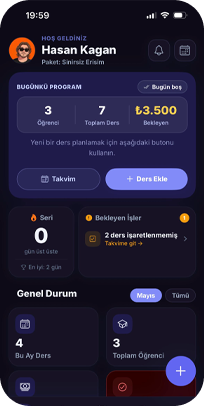 Dersio ana ekran — günlük program, öğrenci ve ödeme özeti