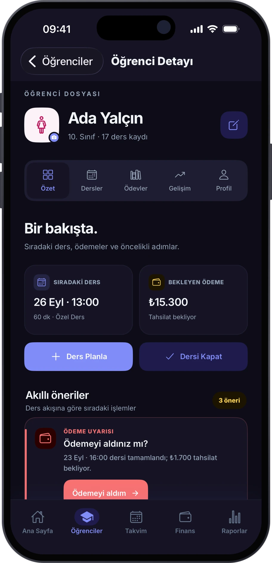 Dersio öğrenci detayı: sıradaki ders, bekleyen ödeme ve akıllı öneriler